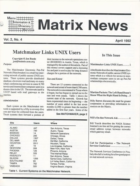 Matchmaker Links UNIX Users, by Jon Boede