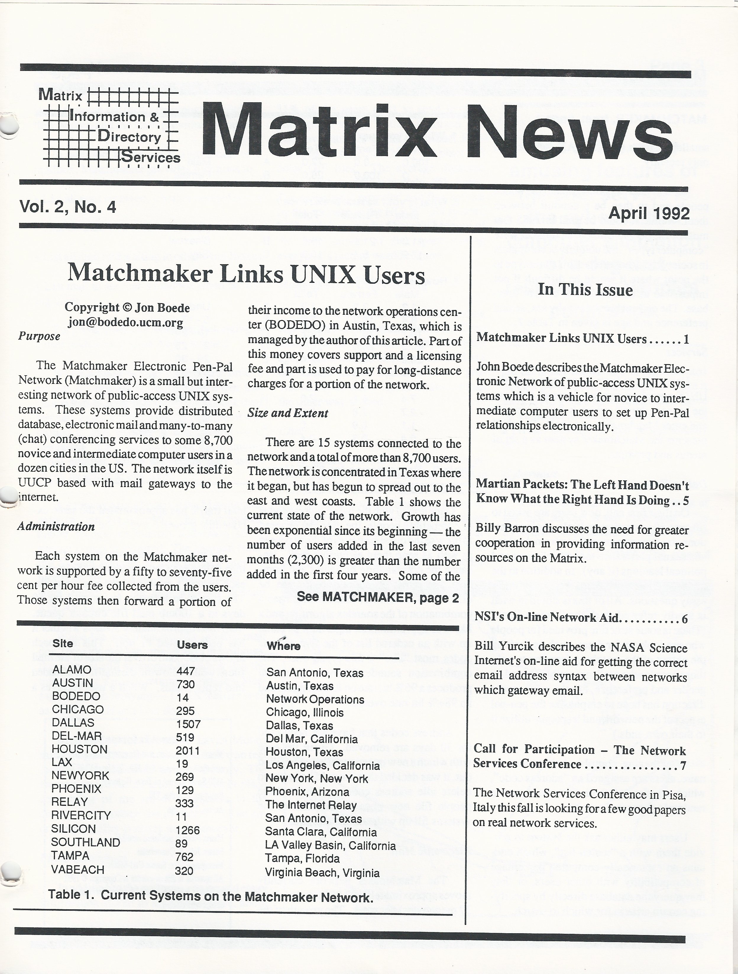 Matchmaker Links UNIX Users, by Jon Boede
